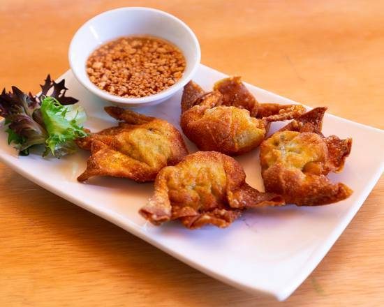 Fried wontons with a small bowl of crushed peanuts and salad